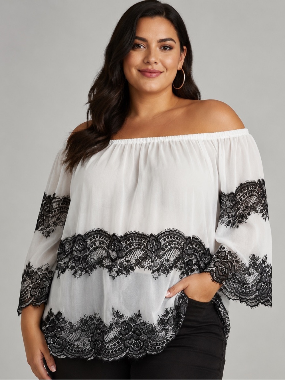 INC International Concepts White Sheer Peasant Blouse Black Lace Trim Sz 16